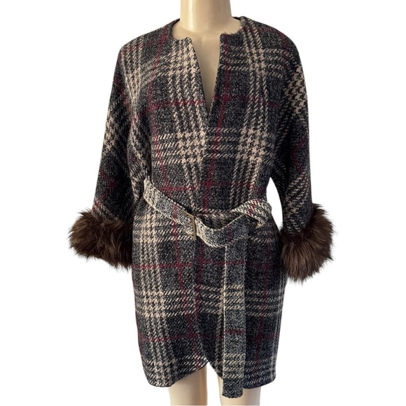 Vintage Y2K Echo Brown Wool Blend Plaid Overcoat Faux Fur Cuffs Wrap‎ Jacket M/L - Picture 1 of 15